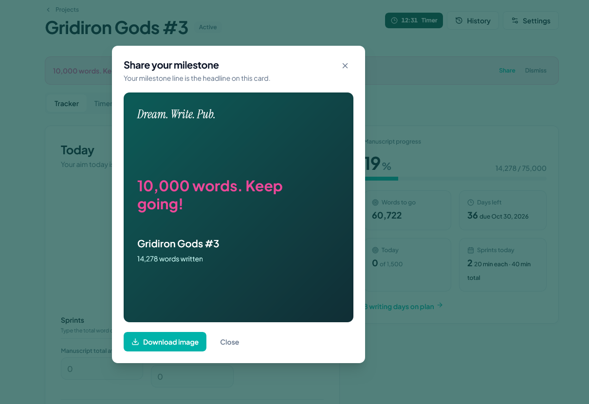 A milestone card reading ten thousand words, ready to download and share.